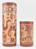 TWO VINTAGE REPLICA MAYAN PRE COLUMBIAN DECORATIVE POTTERY CYLINDRICAL VASES