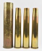 TRENCH ART - COLLECTION OF THREE WWII SHELL CASINGS & A WWI ENGRAVED EXAMPLE