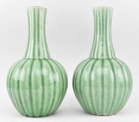 PAIR OF CHINESE CELADON GREEN FLUTED GOURD CRACKLE GLAZED VASES