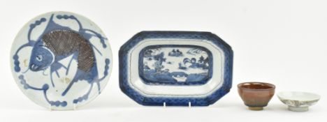 FOUR 19TH CENTURY CHINESE CERAMIC PIECES TO INCLUDE CHARGERS AND TEA BOWL