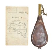 WWI MAP OF BELGIUM & A LEATHER MUSKET POWDER FLASK