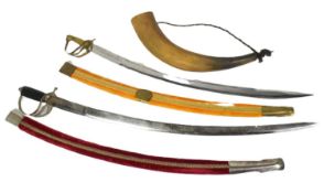 TWO VINTAGE INDIAN CAVALRY SWORDS TOGETHER WITH HORN BUGLE