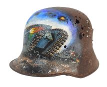 FIRST WORLD WAR M16 HELMET WITH POST CAMBRAI TANK BATTLE ARTWORK
