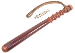 SECOND WORLD WAR ARP WHISTLE TOGETHER WITH WOODEN TRUNCHEON