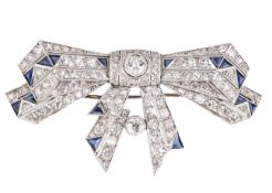 ART DECO RIBBON BOW SAPPHIRE & DIAMOND BROOCH PIN