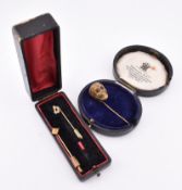TWO 9CT GOLD TIE PINS & METAL SKULL TIE PIN