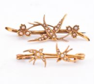 TWO GOLD & PEARL SWALLOW BROOCH PINS