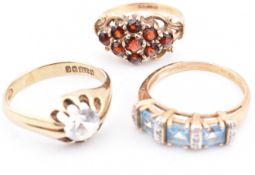 THREE HALLMARKED 9CT GOLD & GEM SET RINGS
