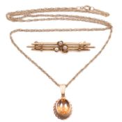 ANTIQUE 15CT GOLD BROOCH & HALLMARKED 9CT GOLD & CITRINE PENDANT NECKLACE