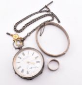 SILVER POCKET WATCH WITH CHAIN & BANGLE & RING