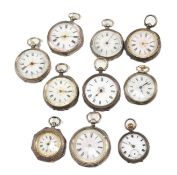 NINE SILVER ASSORTED FOBWATCHES & A SILVER PLATED FOB WATCH
