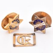 TWO 9CT GOLD DIAMOND & ENAMEL LONG SERVICE PINS & INITIAL SLIDE