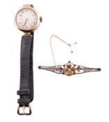 15CT GOLD & GEM SET BROOCH PIN & HALLMARKED 9CT GOLD WRISTWATCH