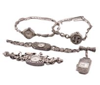 FIVE SILVER MARCASITE WATCHES