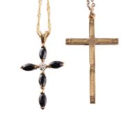 9CT GOLD CROSS PENDANT & 9CT GOLD SAPPHIRE & DIAMOND CROSS PENDANT NECKLACE