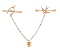 VICTORIAN HALLMARKED 9CT GOLD TURQUOISE & PEARL SWEETHEART BROOCH PIN