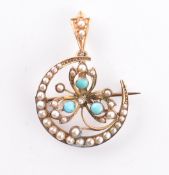 9CT GOLD TURQUOISE & SEED PEARL BROOCH PIN