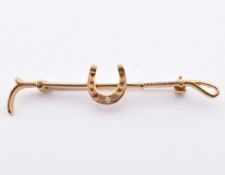 HALLMARKED 9CT GOLD & DIAMOND CROP & HORSESHOE BROOCH PIN