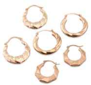 THREE PAIRS OF 9CT GOLD HOOP EARRINGS
