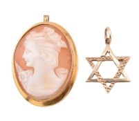HALLMARKED 9CT GOLD CAMEO BROOCH & STAR PENDANT