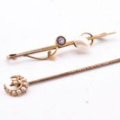 9CT GOLD & GEM SET BROOCH PIN & SEED PEARL STICK PIN