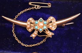 VICTORIAN GOLD TURQUOISE & PEARL CRESCENT BOW BROOCH PIN