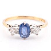 18CT GOLD & PLATINUM SAPPHIRE & DIAMOND THREE STONE RING