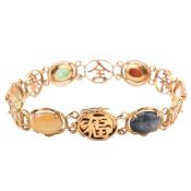 14CT GOLD JADE & HARDSTONE STONE CHINESE PANEL BRACELET