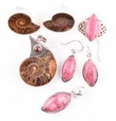 THULITE SET MARQUISE RING, PENDANT & EARRINGS