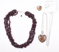 SILVER & SMOKY QUARTZ HEART PENDANT NECKLACE & GARNET MULTI STRAND NECKLACE
