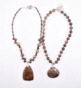 TWO PEARL & UNAKITE PENDANT NECKLACES