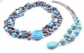 TWO PEARL & HOWLITE NECKLACES & STUD EARRINGS