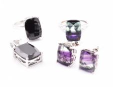 925 SILVER BI COLOUR FLOURITE RING & EARRINGS & BLACK SPINEL PENDANT & RING