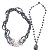 TWO PEARL NECKLACES WITH LABRADORITE & ABALONE