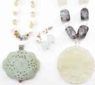 TWO SILVER CHINESE HARD STONE PENDANT NECKLACES & MATCHED EARRINGS