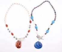 TWO PEARL & DYED AGATE PENDANT NECKLACES