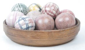 COLLECTION OF 19TH CENTURY VICTORIAN BOULES IN ELM WOOD RUSTIC BOWL