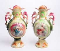 STRASBURG WARE - TWO EDWARDIAN TWIN HANDLED CERAMIC VASES
