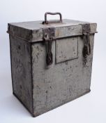 20TH CENTURY GREY METAL STRONG BOX WITH WOODEN INTERIOR