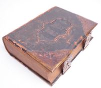 LARGE VICTORIAN FAMILY BIBLE WITH LEATHER COVER AND BRASS CLASPS