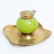 1915 ART NOUVEAU LOETZ AUSTRIA GREEN GLASS INKWELL WITH BRASS BASE