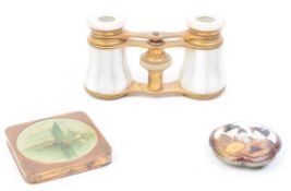 20TH CENTURY BRASS OPERA BINOCULARS WITH COMPACT CASE AND BROOCH
