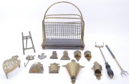 EARLY 20TH CENTURY BRASS MAGAZINE RACK WITH OTHER BRASS WARES