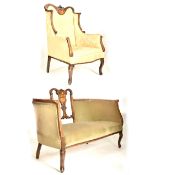 19TH CENTURY VICTORIAN MAHOGANY INLAID SOFA & ARMCHAIR