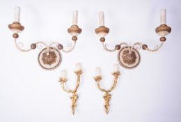 PAIR OF MID CENTURY ITALIAN STYLE WOOD AND METAL WALL SCONCES