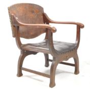 EARLY 20TH CENTURY FIRESIDE OAK & LEATHER ARMCHAIR