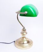 20TH CENTURY BANKERS LAMP WITH GILT METAL STAND AND GREEN GLASS SHADE