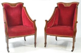 PAIR OF EDWARDIAN INLAID MAHOGANY UPHOLSTERED ARMCHAIRS