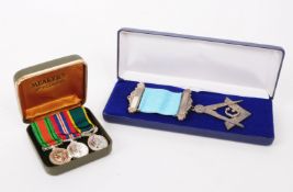 LATE 20TH CENTURY MINIATURE BRITISH DEFENCE MEDALS AND MASONIC PIN BADGE