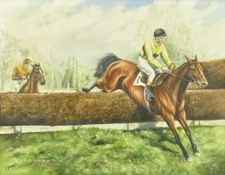 20TH CENTURY HORSE RACING OIL ON CANVAS, ILLEGIBLY SIGNED